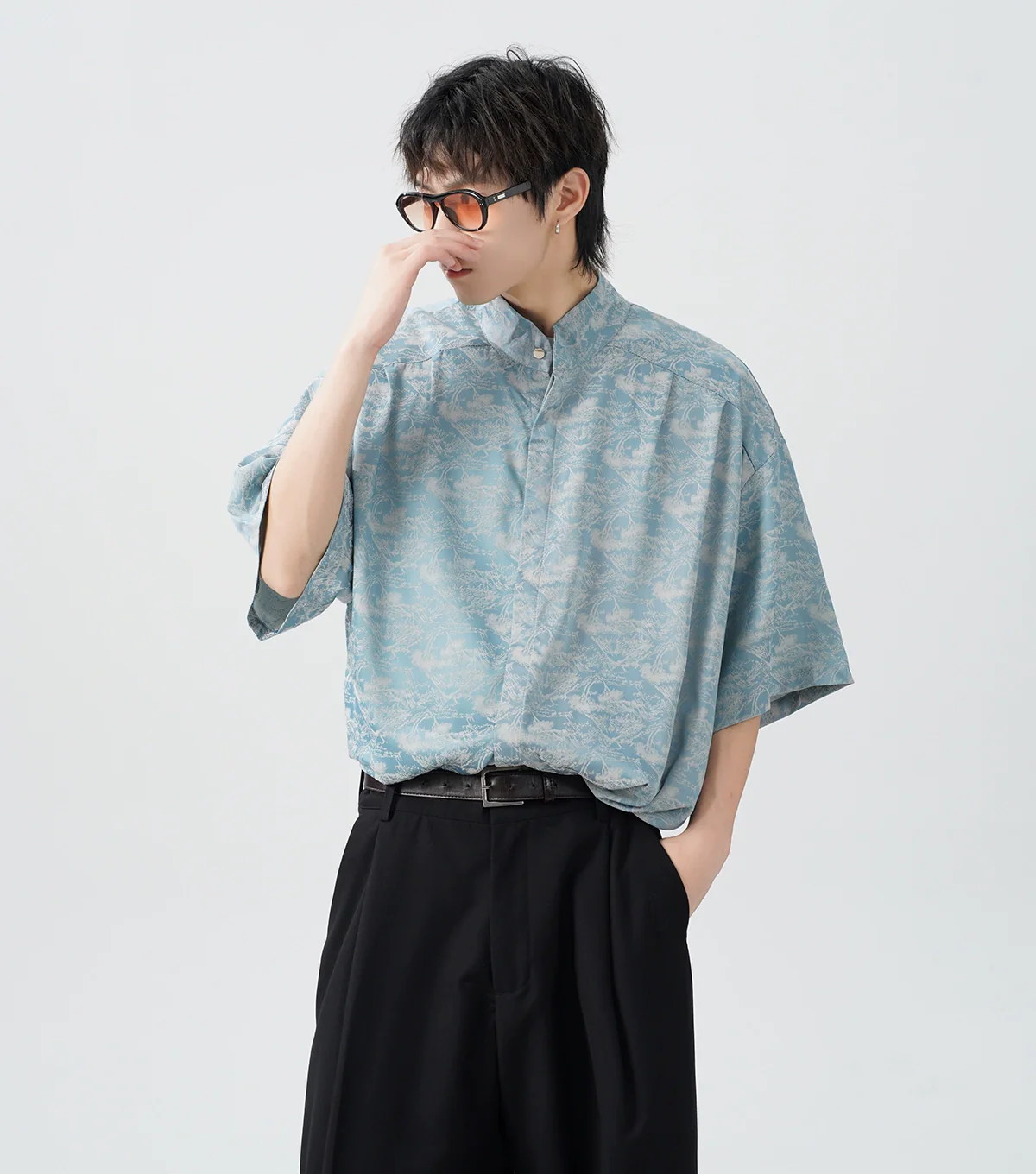 Oversized Tree Print Satin Button-Up Shirt - Image 4