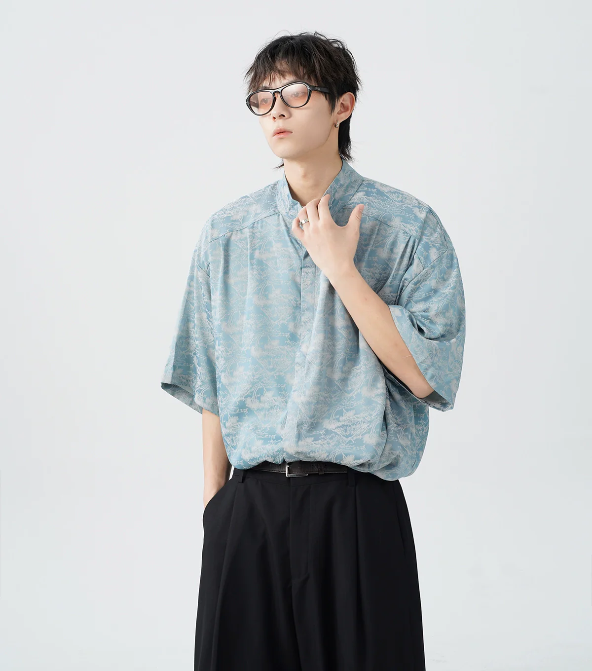 Oversized Tree Print Satin Button-Up Shirt - Image 5