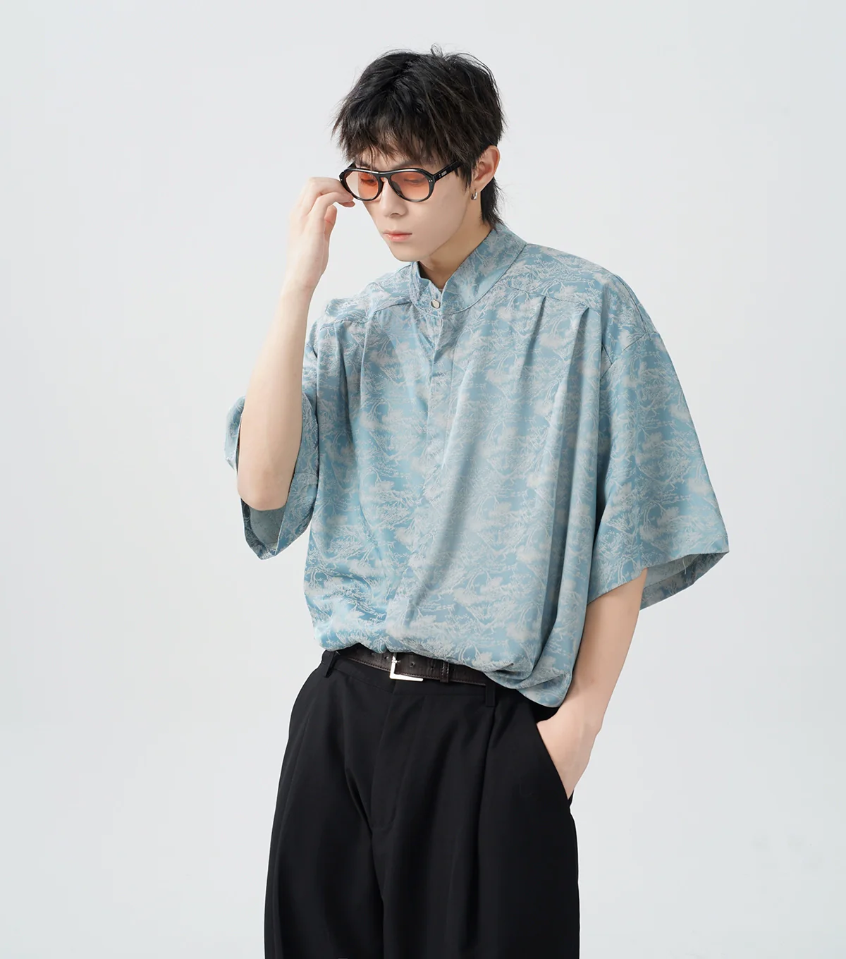 Oversized Tree Print Satin Button-Up Shirt - Image 6