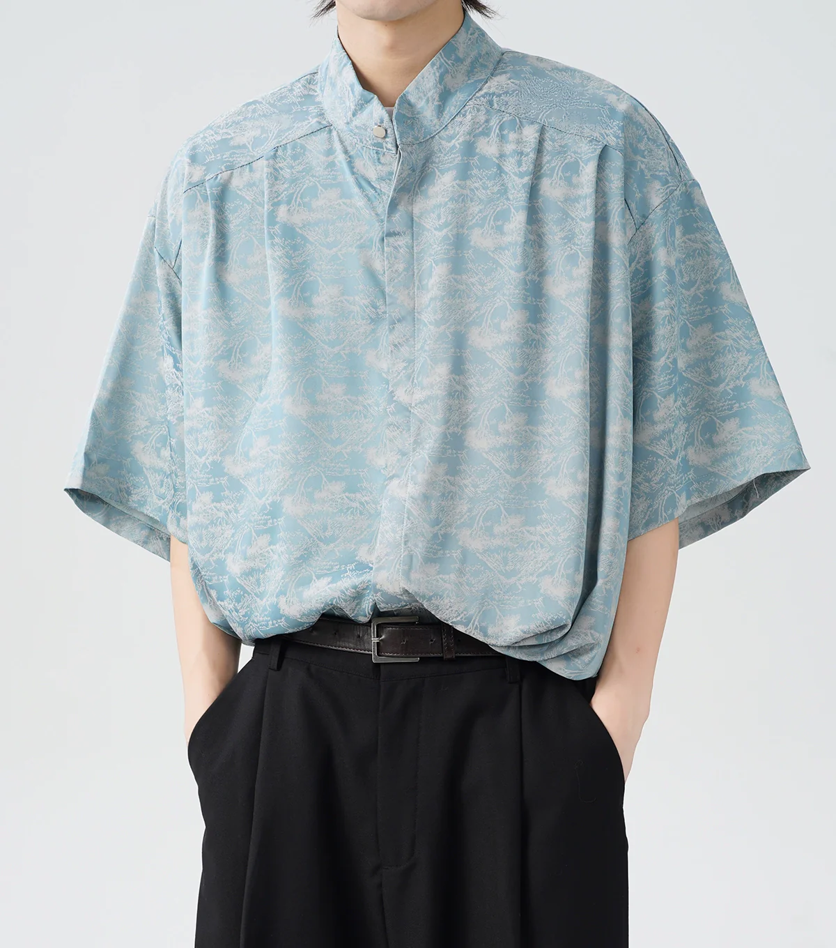Oversized Tree Print Satin Button-Up Shirt - Image 7