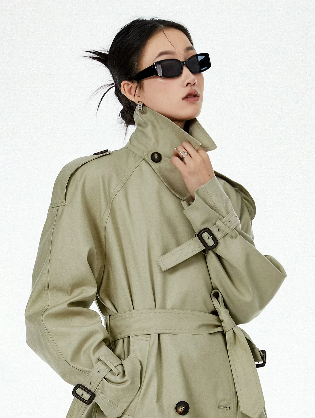 Oversized Trench Coat with Epaulettes and Belt Detail - Image 7