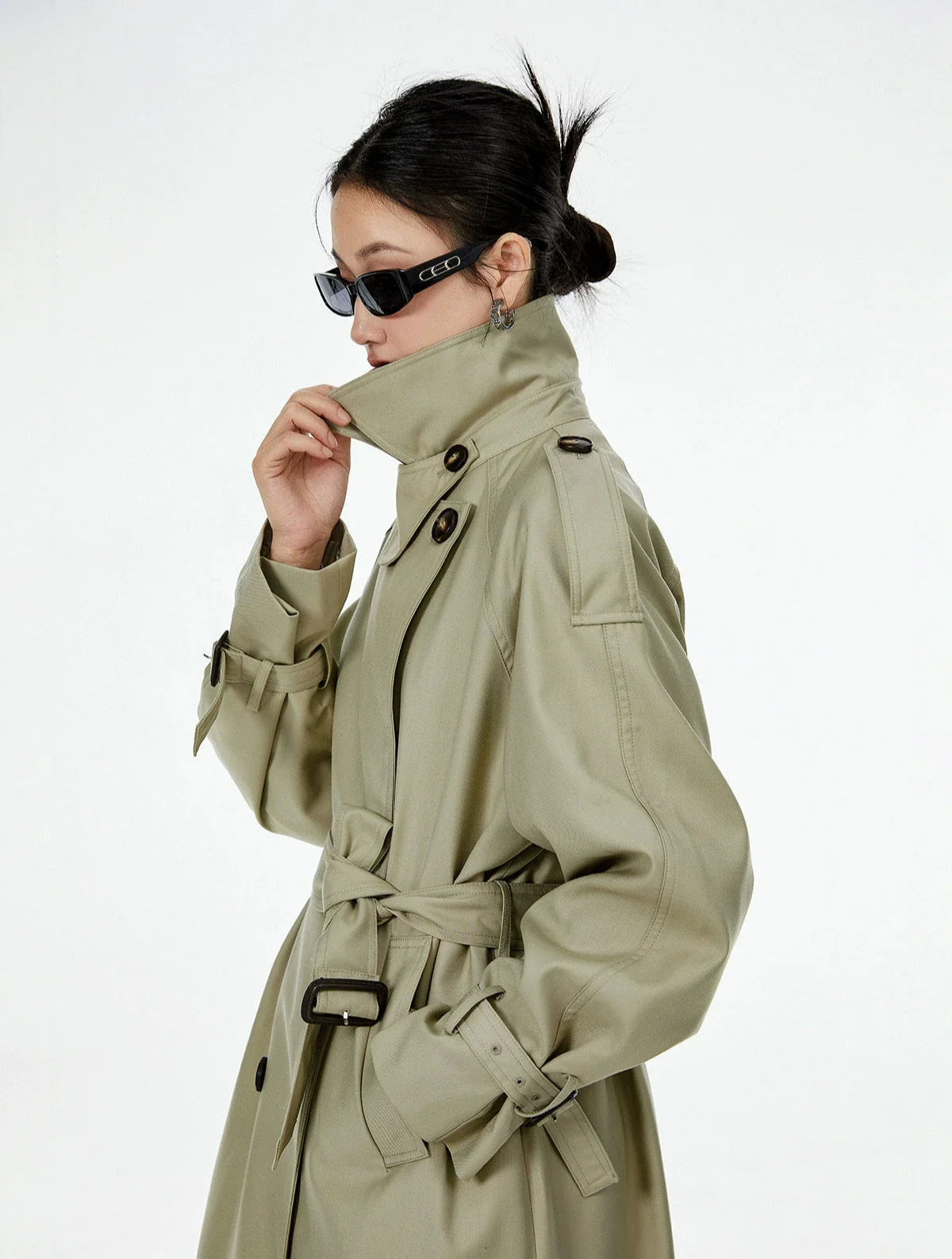 Oversized Trench Coat with Epaulettes and Belt Detail - Image 8