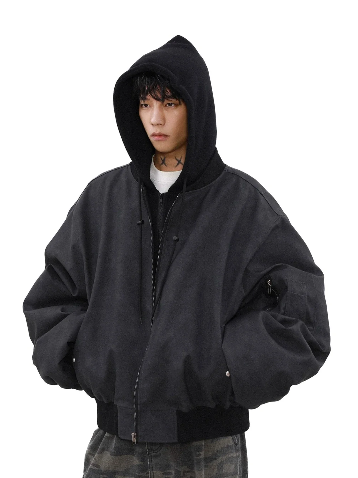 Oversized Vintage Washed Suede Bomber Jacket with Utility Pockets - Image 3