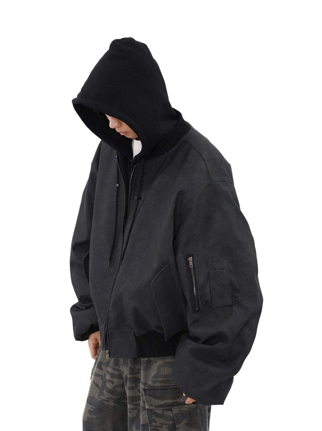 Oversized Vintage Washed Suede Bomber Jacket with Utility Pockets - Image 4