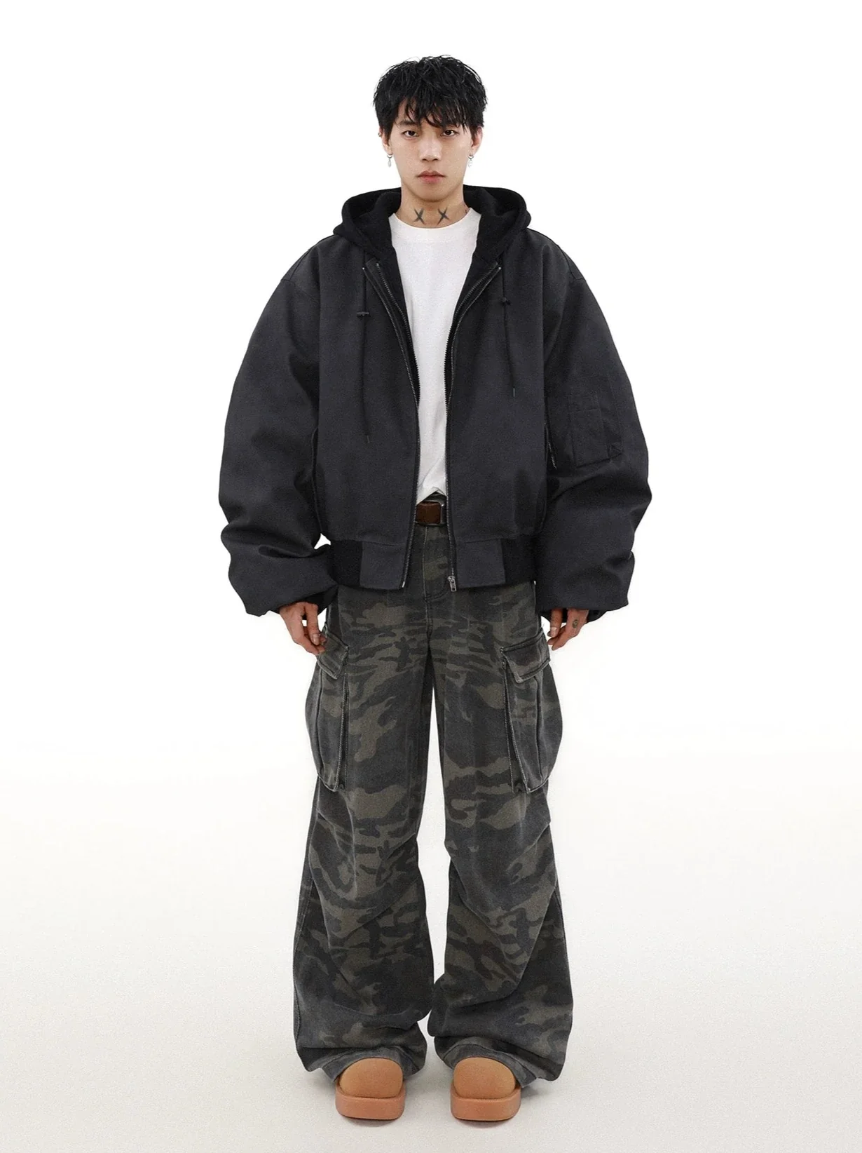 Oversized Vintage Washed Suede Bomber Jacket with Utility Pockets - Image 7