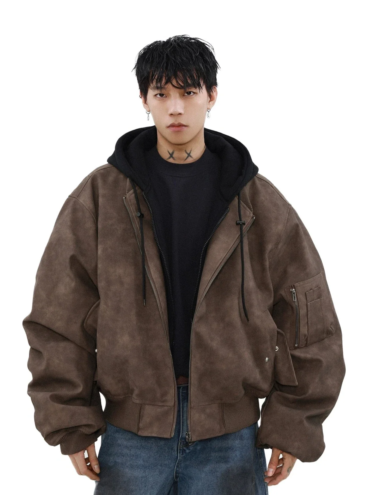 Oversized Vintage Washed Suede Bomber Jacket with Utility Pockets - Image 9