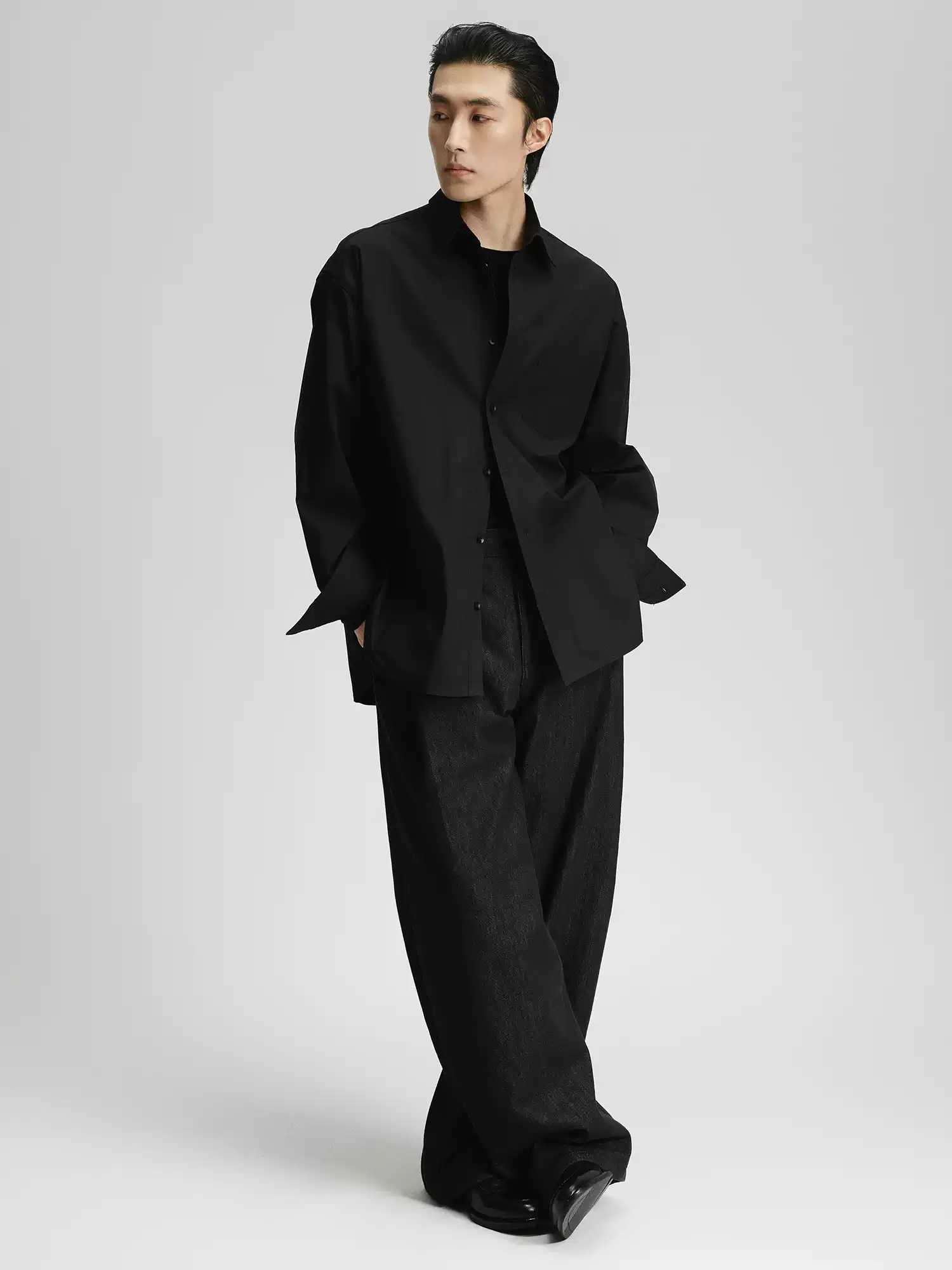 Oversized Wide-Fit Long Sleeve Button Shirt with Chest Pocket - Image 10