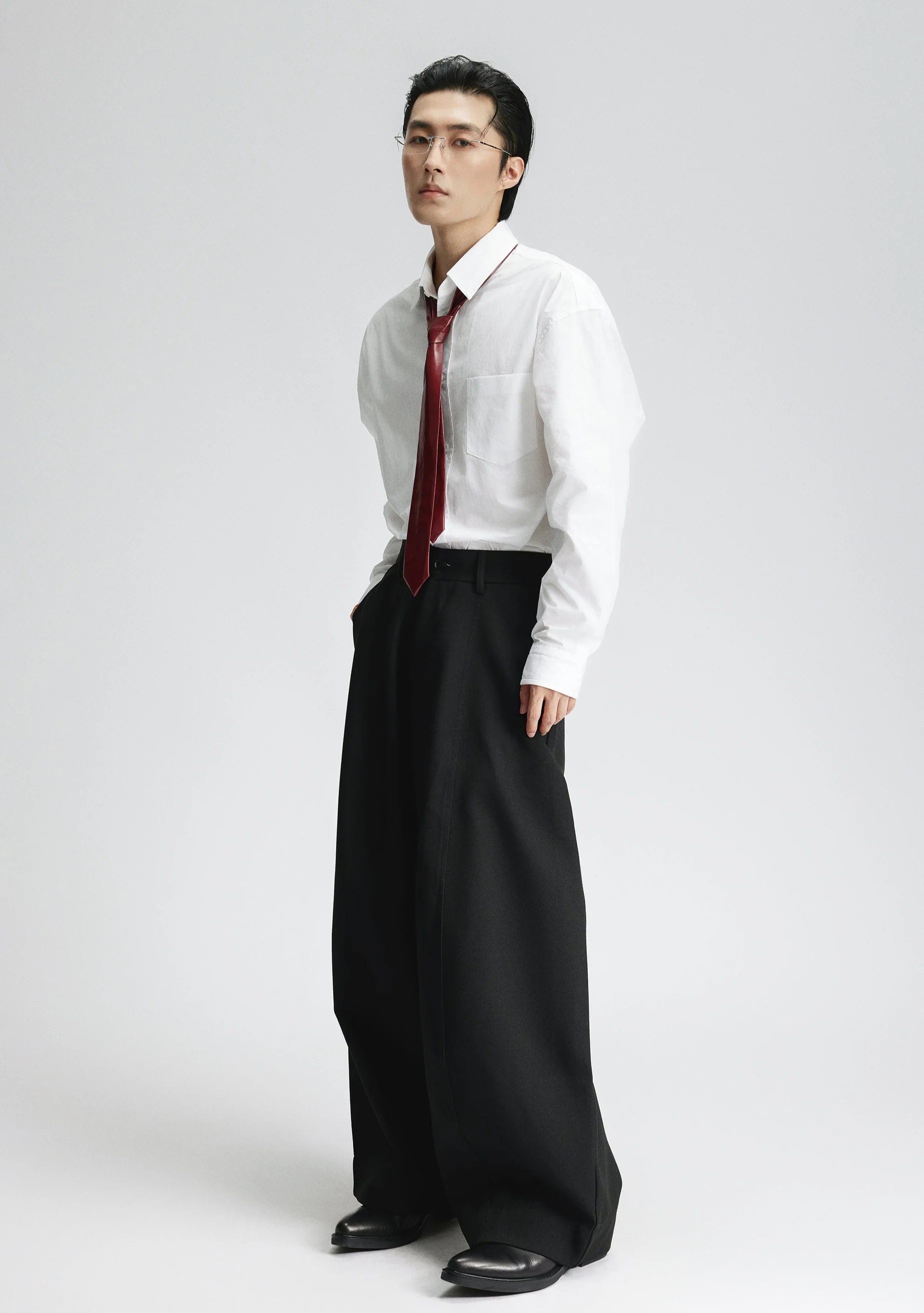 Oversized Wide-Fit Long Sleeve Button Shirt with Chest Pocket - Image 3