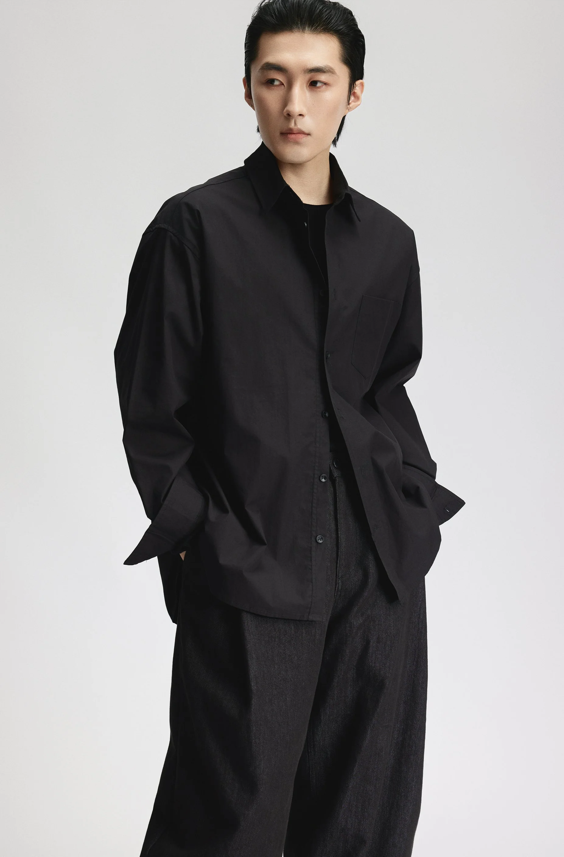 Oversized Wide-Fit Long Sleeve Button Shirt with Chest Pocket - Image 5