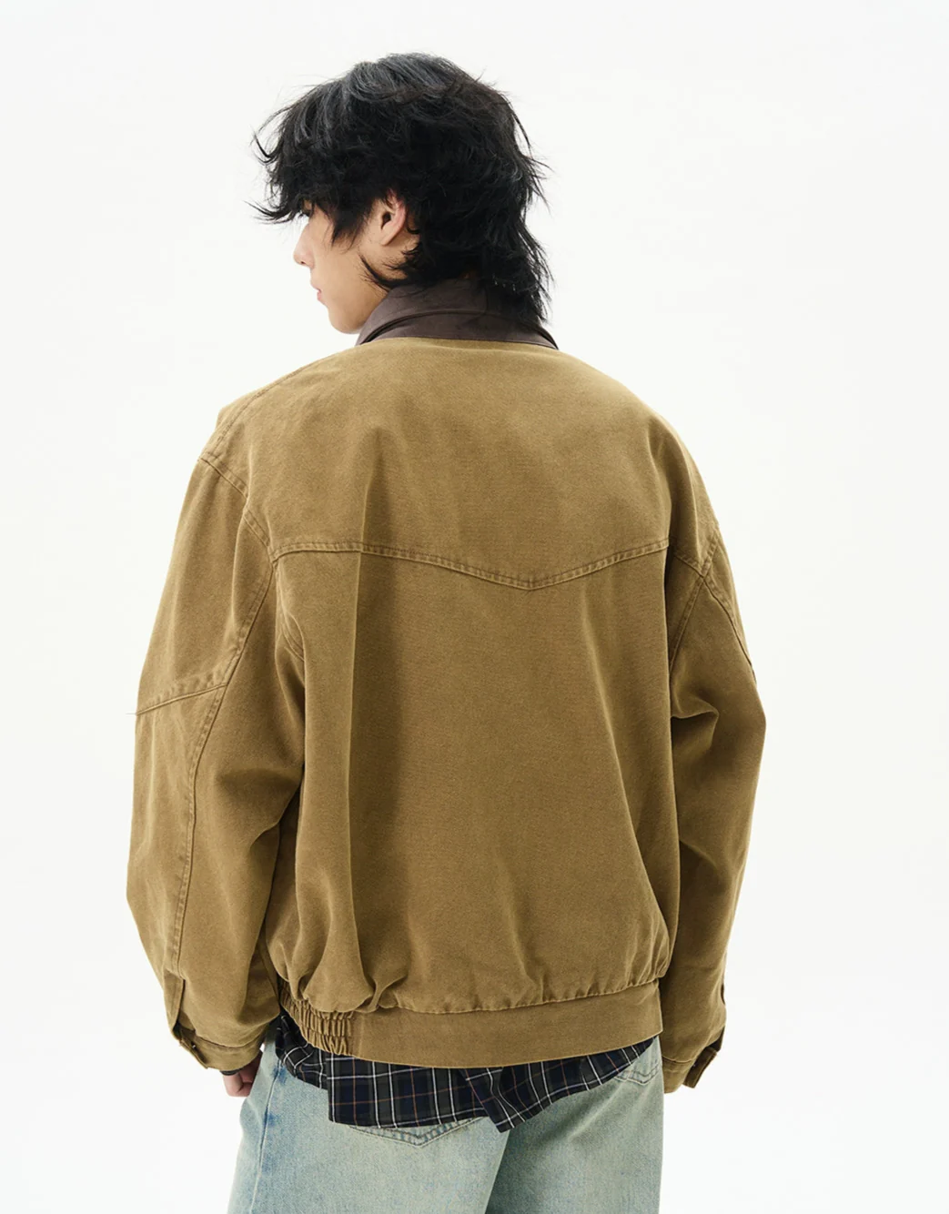 Oversized Worker Button Jacket with Contrast Collar - Image 3