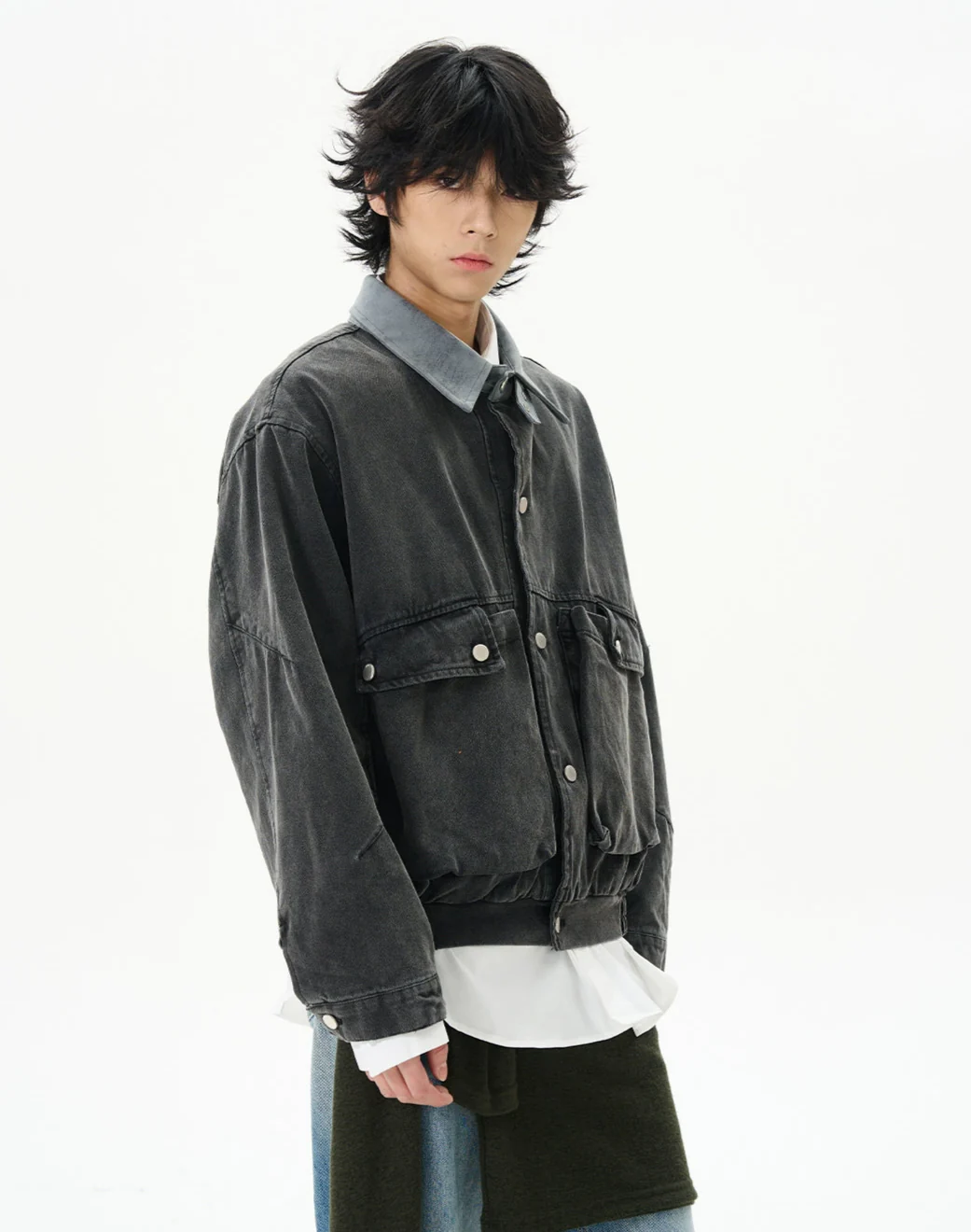 Oversized Worker Button Jacket with Contrast Collar - Image 7