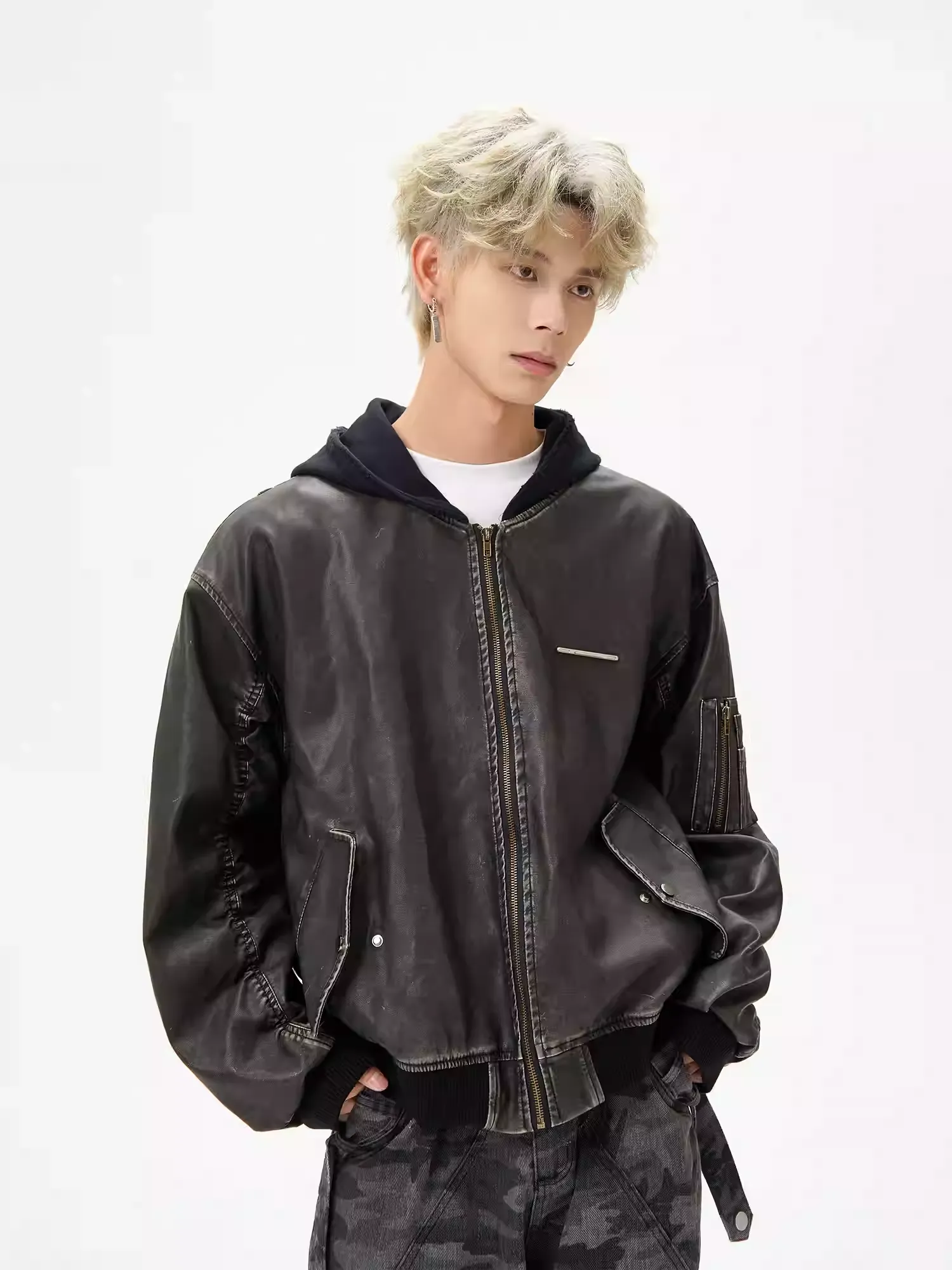 Oversized Zip Up Hooded Faux Leather Jacket with Ruched Sleeve Detail