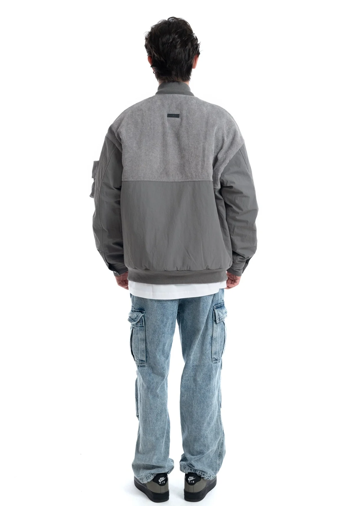 Patchwork Corduroy Bomber Jacket with Snap Pockets - Image 10