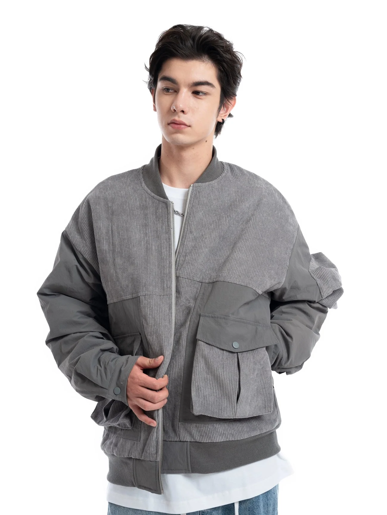 Patchwork Corduroy Bomber Jacket with Snap Pockets - Image 4