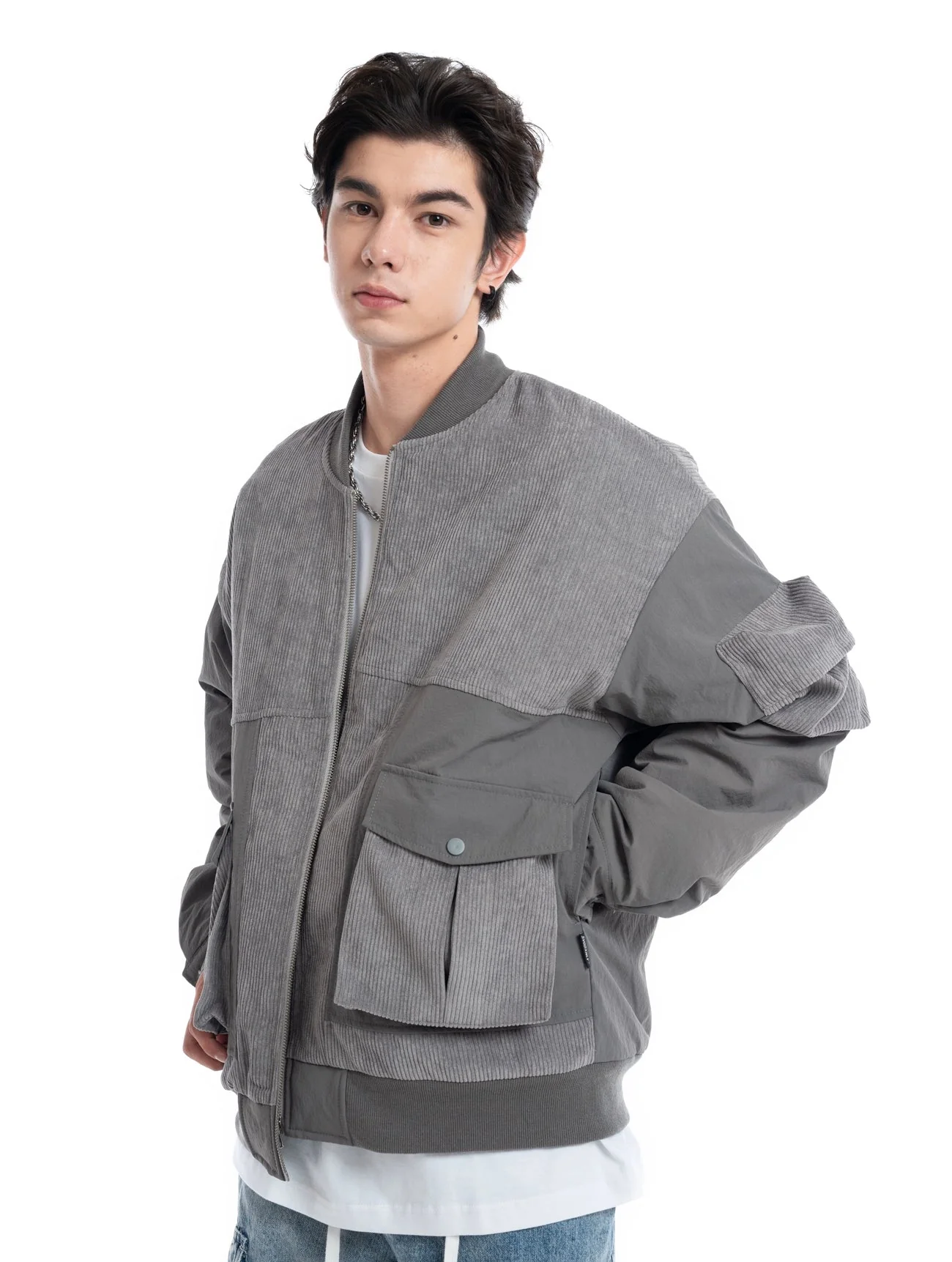 Patchwork Corduroy Bomber Jacket with Snap Pockets - Image 5