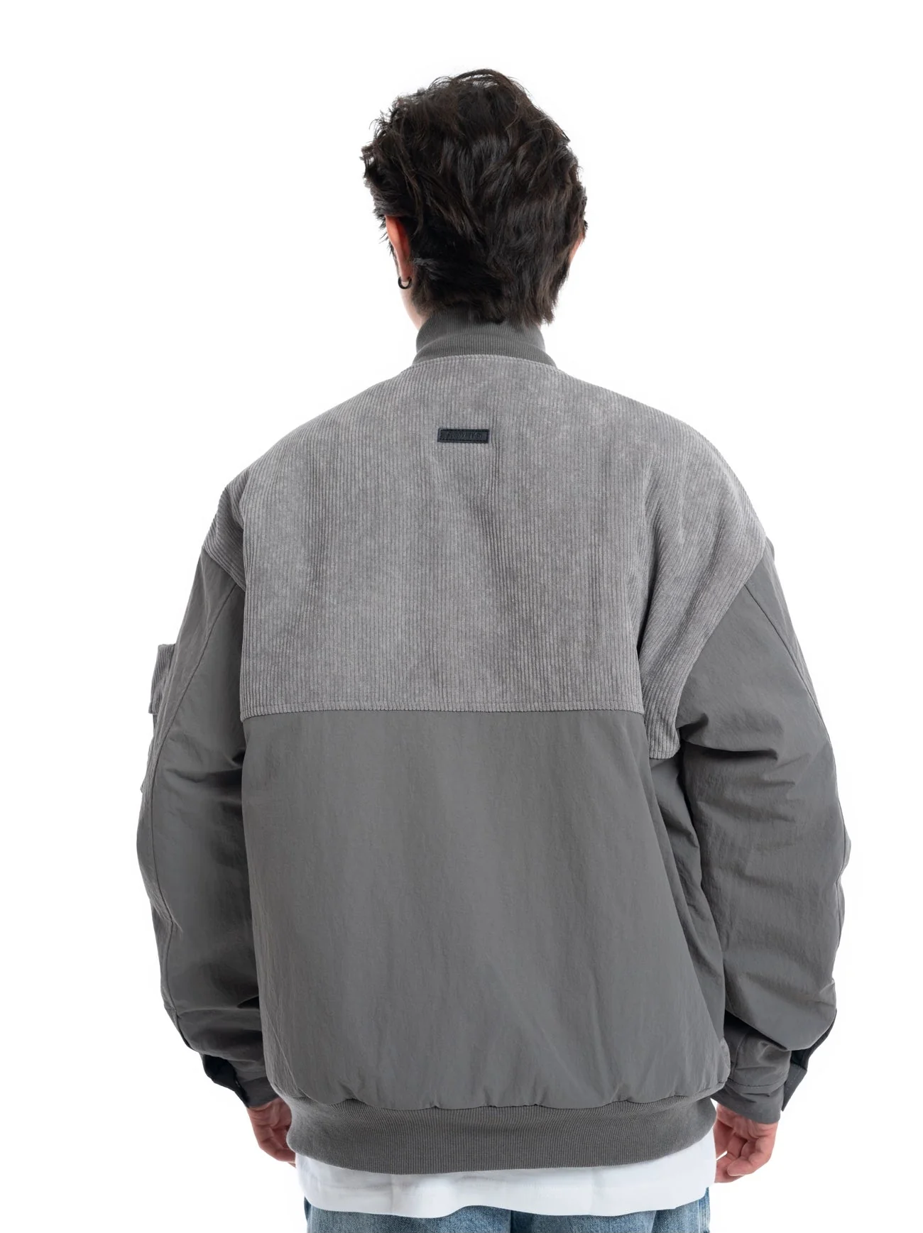 Patchwork Corduroy Bomber Jacket with Snap Pockets - Image 6
