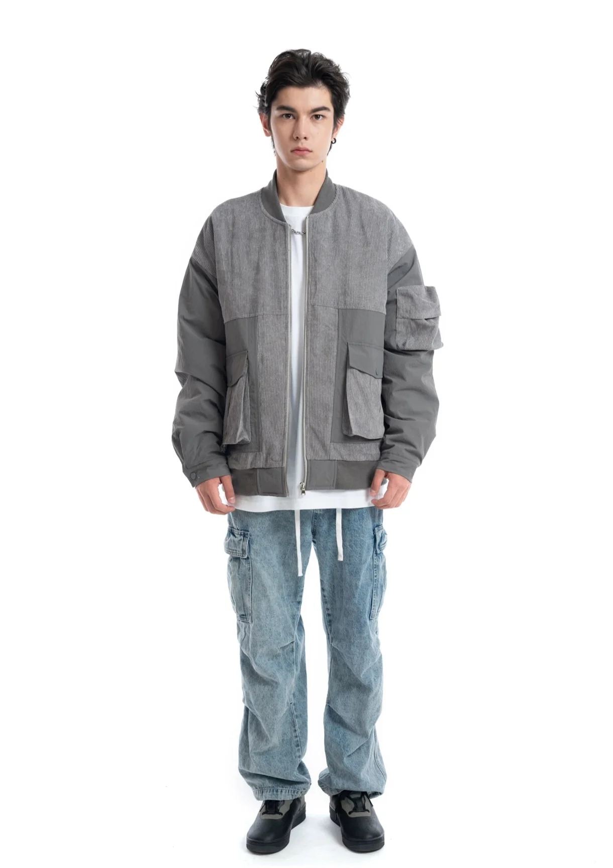 Patchwork Corduroy Bomber Jacket with Snap Pockets - Image 7