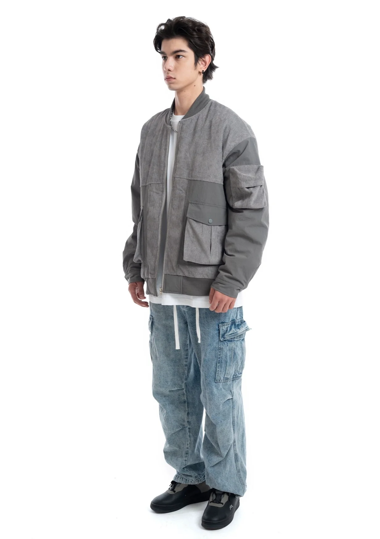 Patchwork Corduroy Bomber Jacket with Snap Pockets - Image 8
