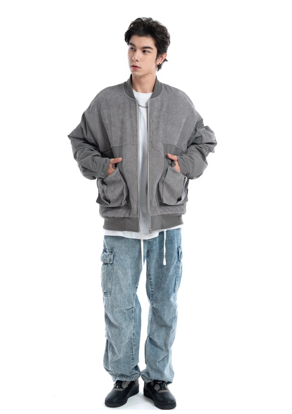 Patchwork Corduroy Bomber Jacket with Snap Pockets - Image 9