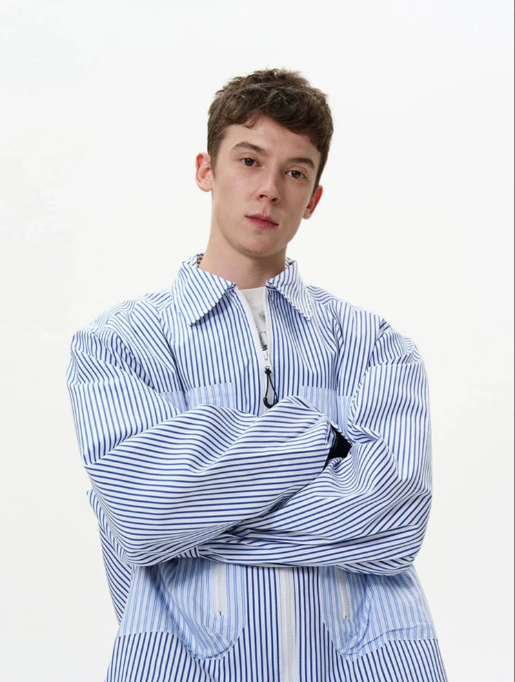 Patchwork Pinstripe Zip Jacket with Pockets - Image 9