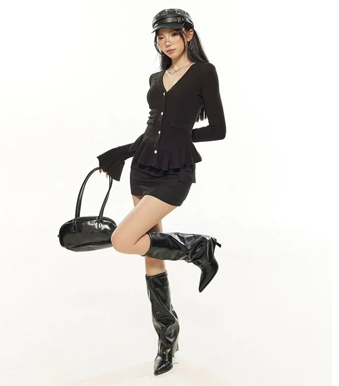 Peplum Hem Flare Long Sleeve Button Top - Image 6