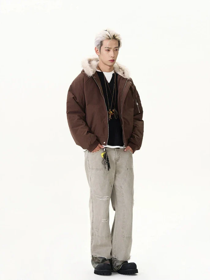 Pinstripe Bomber Jacket with Faux Fur Collar - Image 12