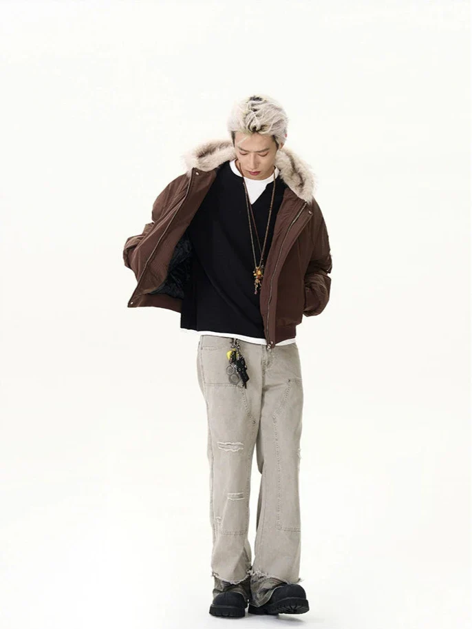 Pinstripe Bomber Jacket with Faux Fur Collar - Image 13