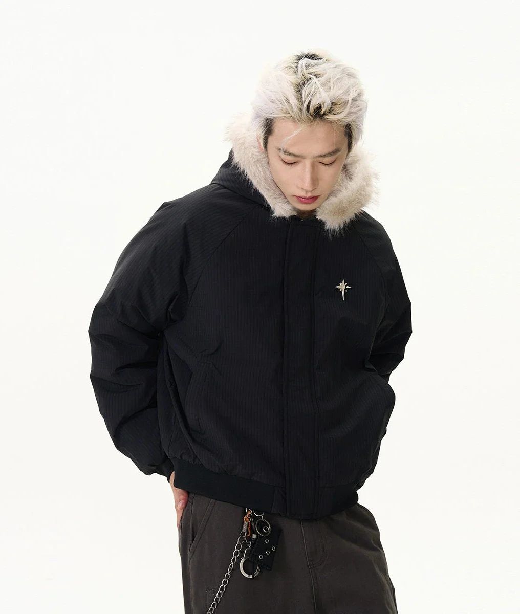 Pinstripe Bomber Jacket with Faux Fur Collar - Image 3
