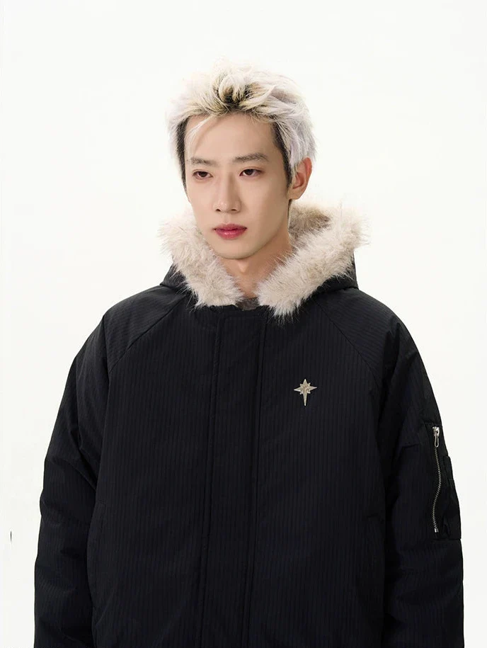 Pinstripe Bomber Jacket with Faux Fur Collar - Image 4