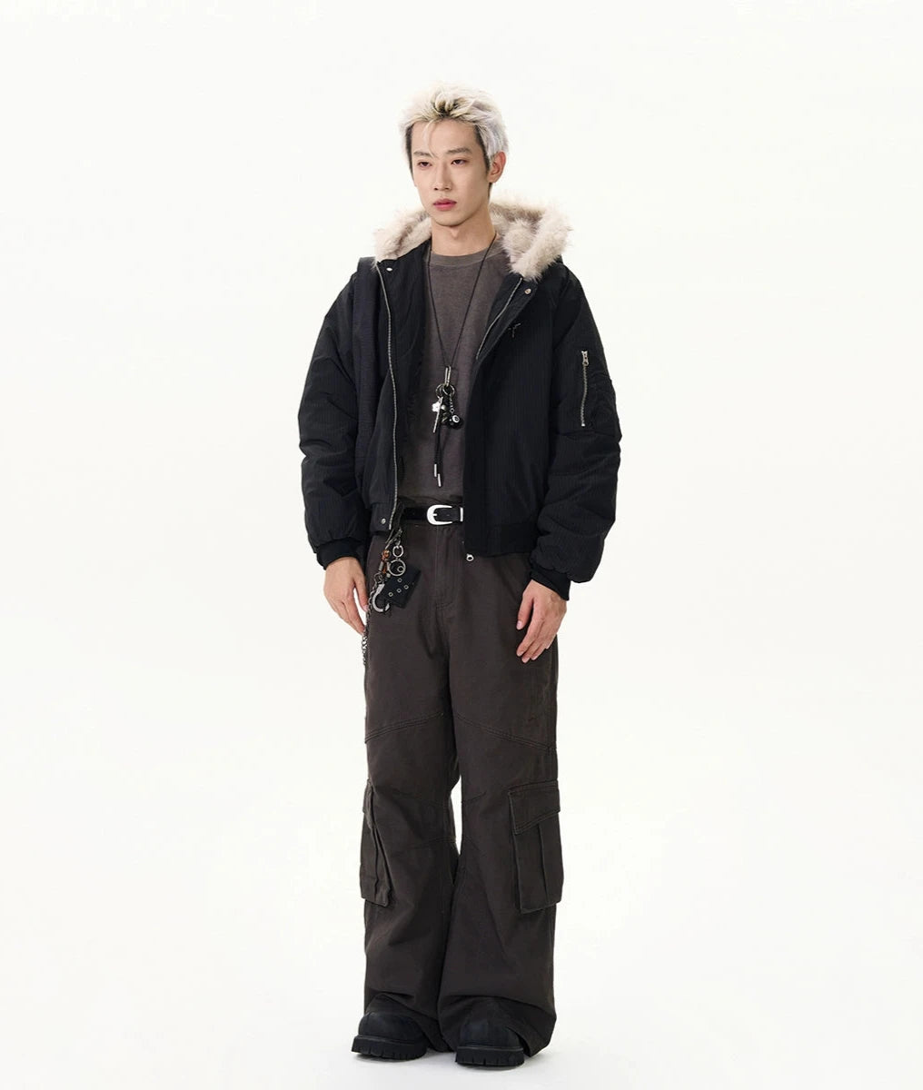 Pinstripe Bomber Jacket with Faux Fur Collar - Image 5