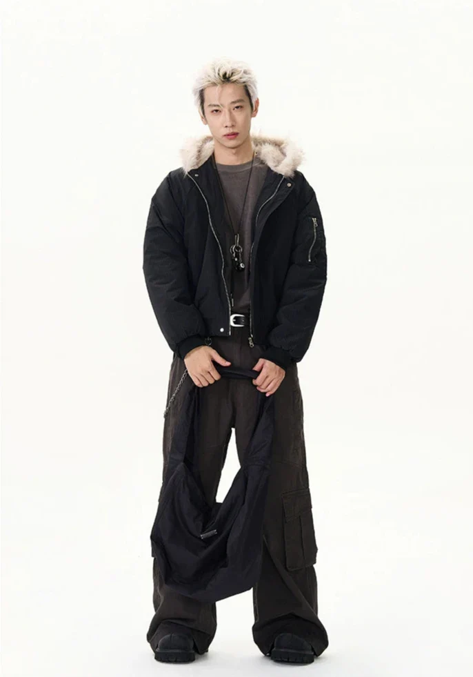 Pinstripe Bomber Jacket with Faux Fur Collar - Image 6