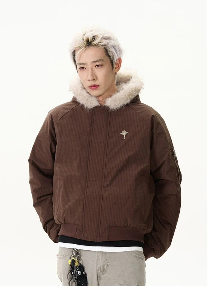 Pinstripe Bomber Jacket with Faux Fur Collar - Image 8