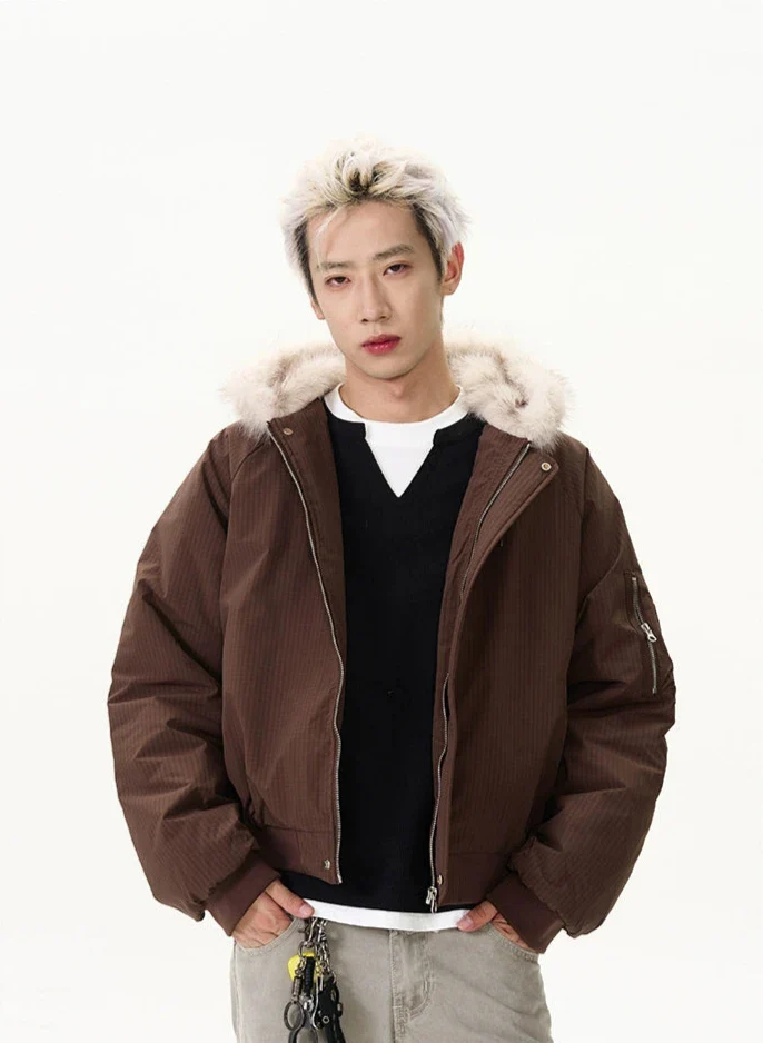 Pinstripe Bomber Jacket with Faux Fur Collar - Image 9
