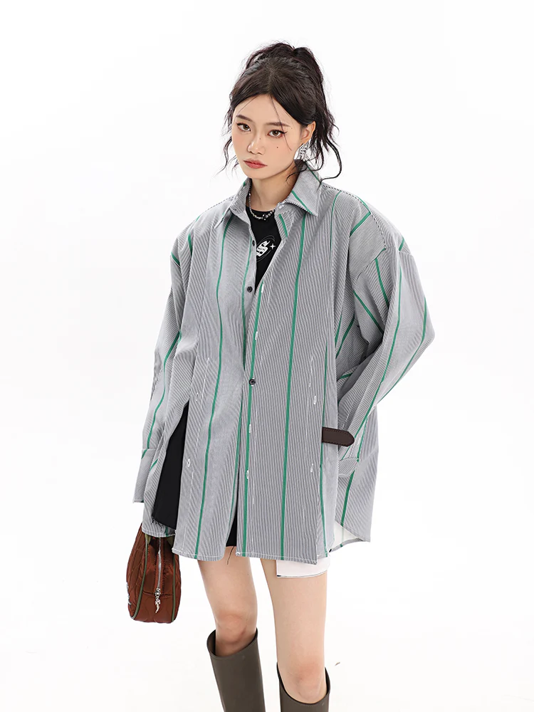 Pinstripe Button Shirt with Shoulder Pads - Image 7