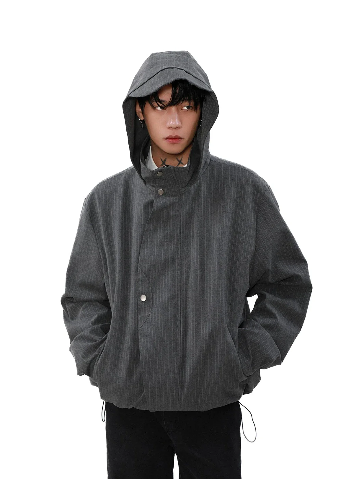Pinstripe Hooded Zip Jacket with Snap Button Closure - Image 6
