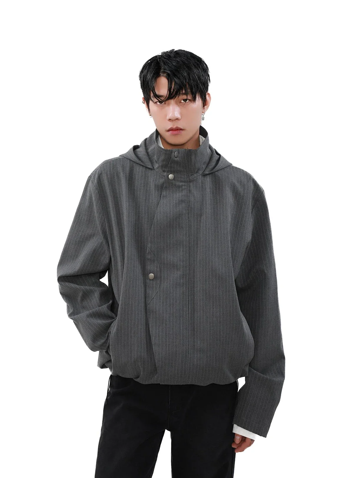 Pinstripe Hooded Zip Jacket with Snap Button Closure - Image 8