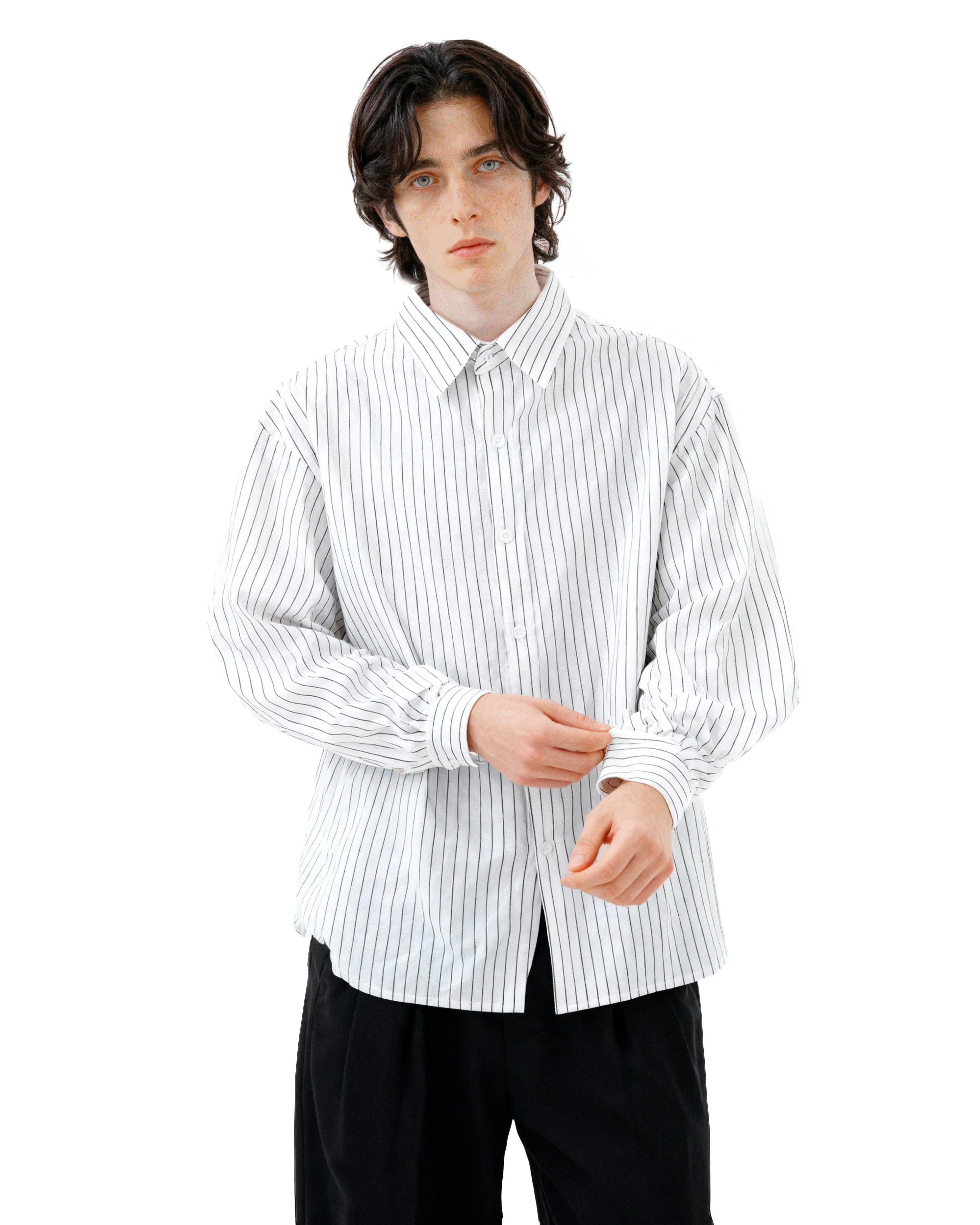 Pinstripe Long Sleeve Drop Shoulder Button Shirt - Image 3