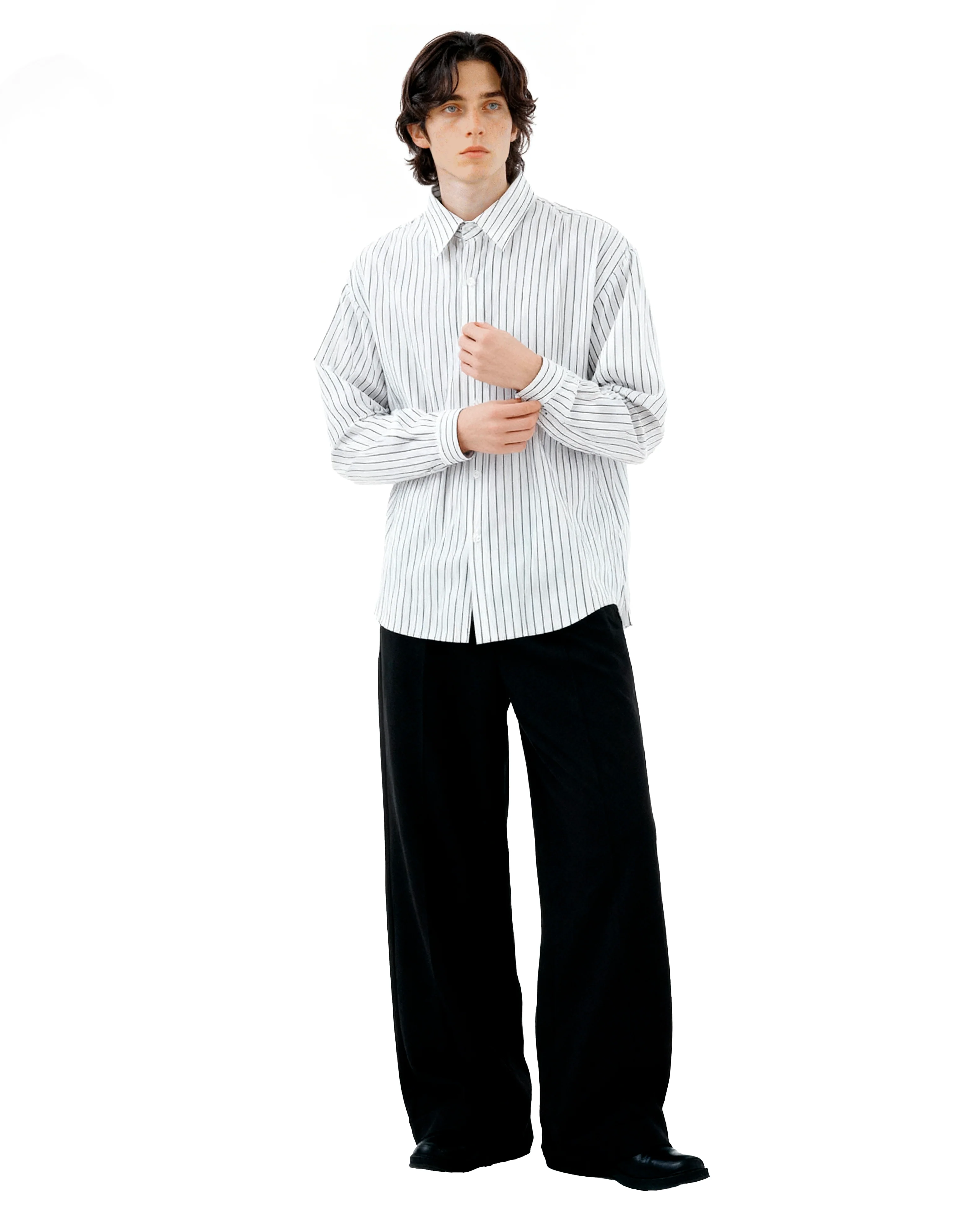 Pinstripe Long Sleeve Drop Shoulder Button Shirt - Image 6