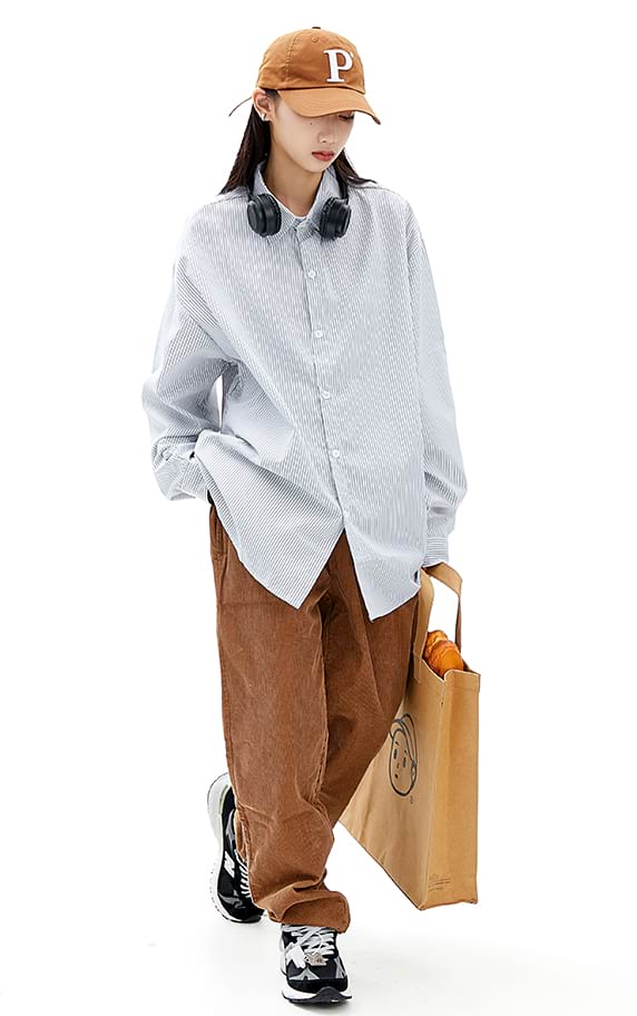Pinstripe Oversized Long Sleeve Button Shirt - Image 4