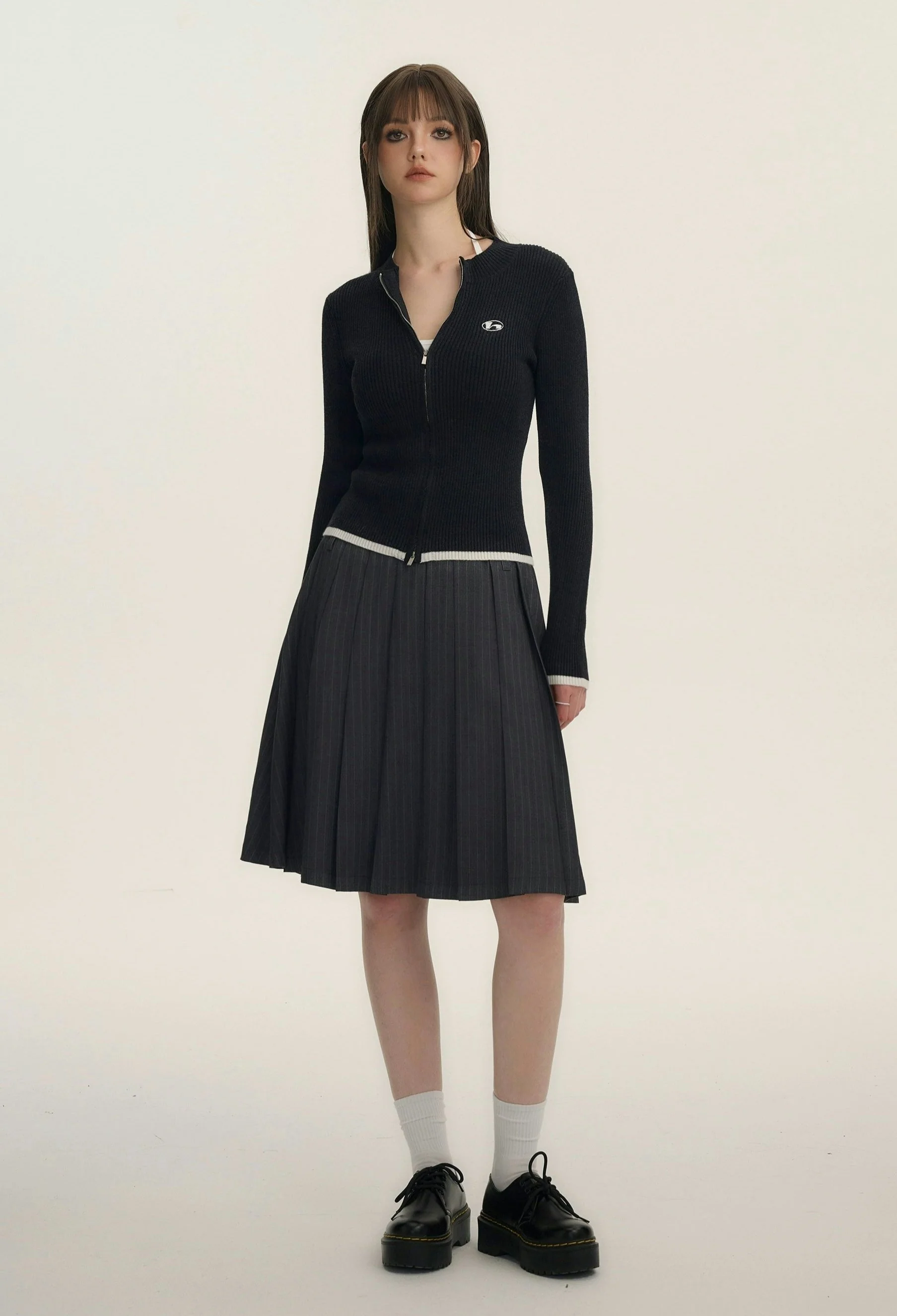 Pinstripe Pleated Short-Midi Skirt - Image 8