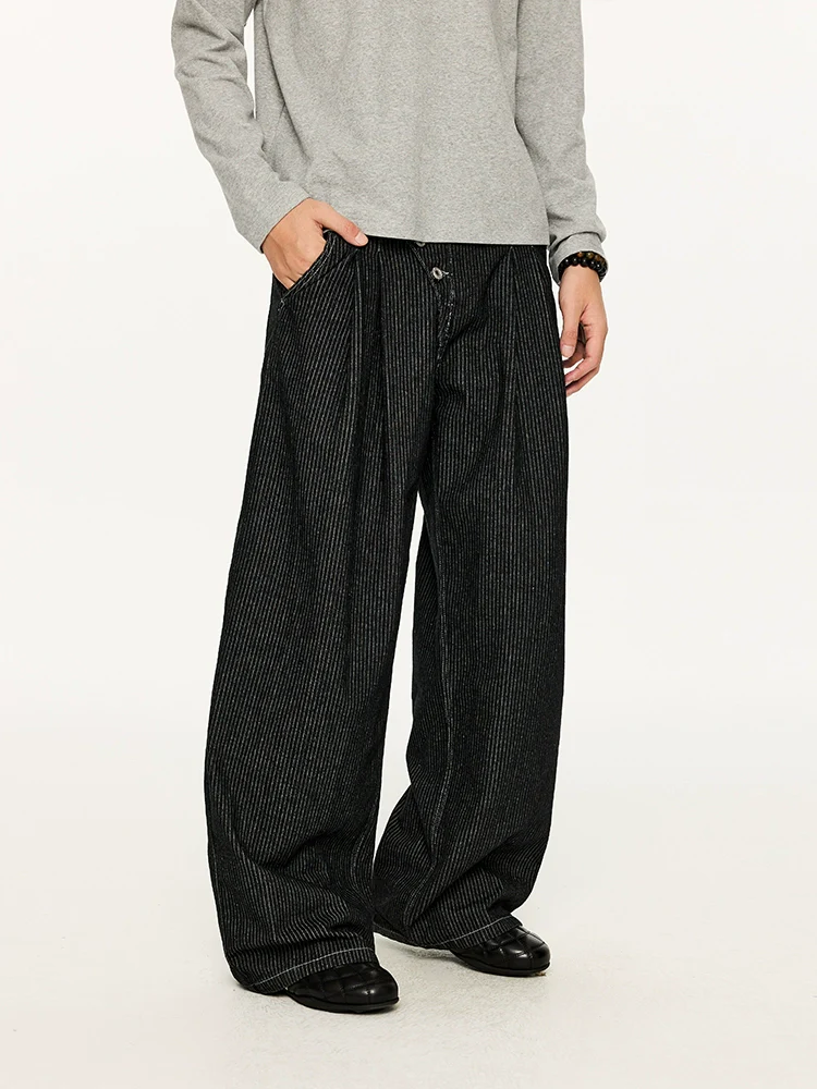 Pinstripe Pleated Wide Leg Asymmetric-Button Denim Jeans - Image 3
