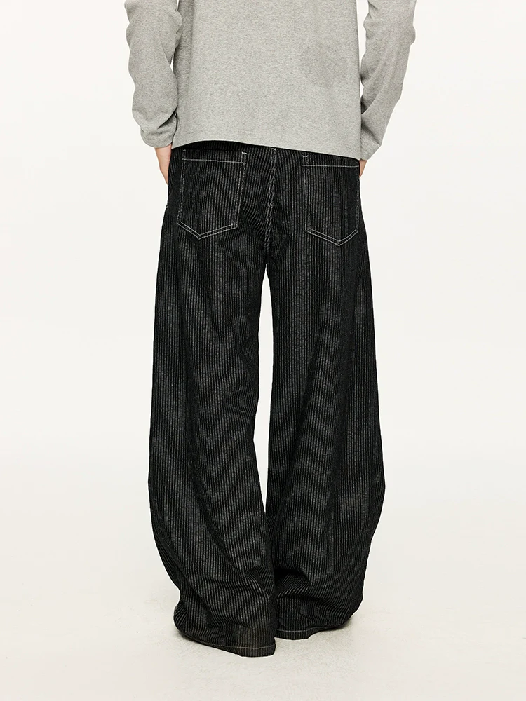 Pinstripe Pleated Wide Leg Asymmetric-Button Denim Jeans - Image 4