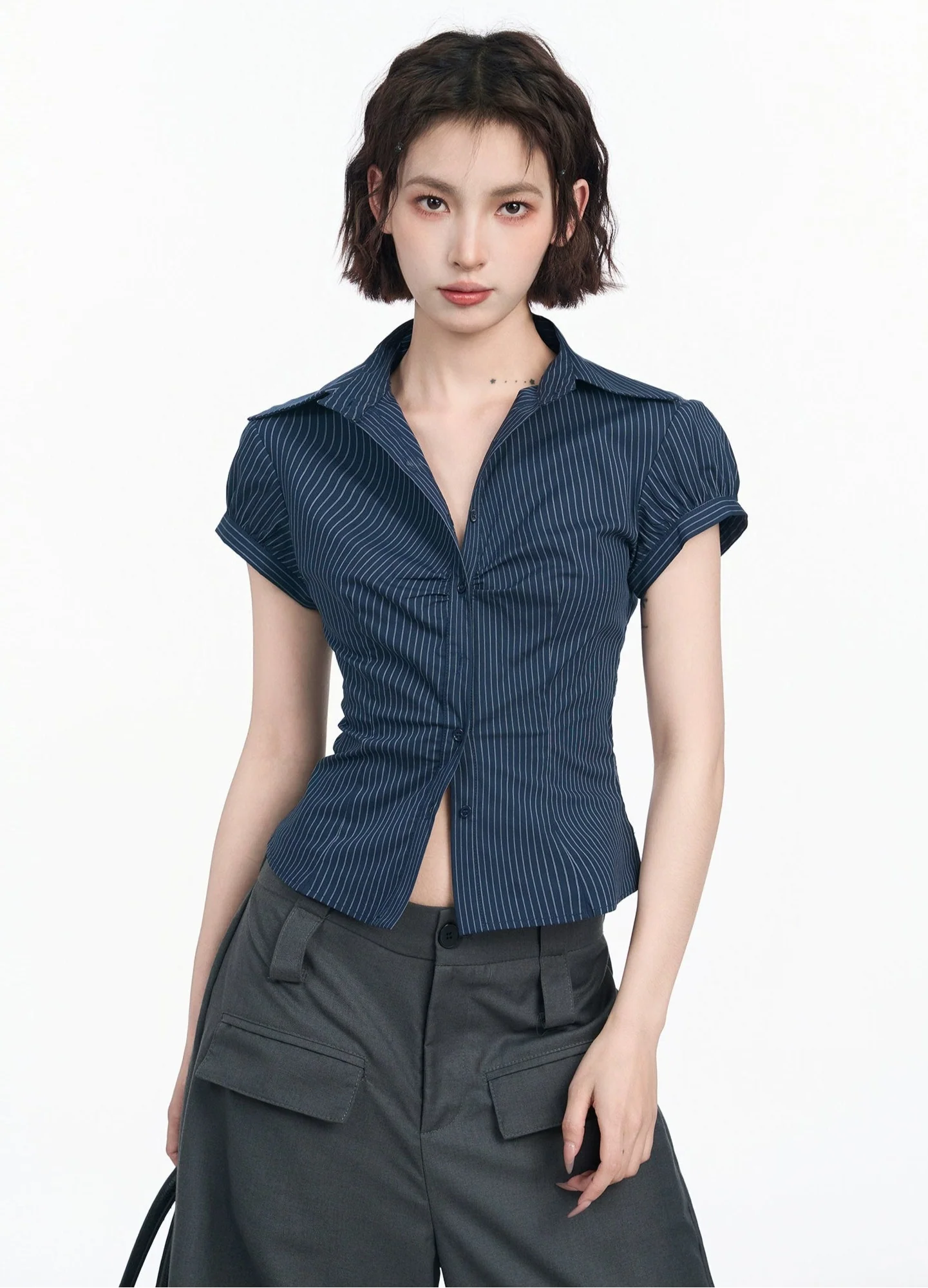 Pinstripe Short Sleeve Collared Button-Up Top - Image 2