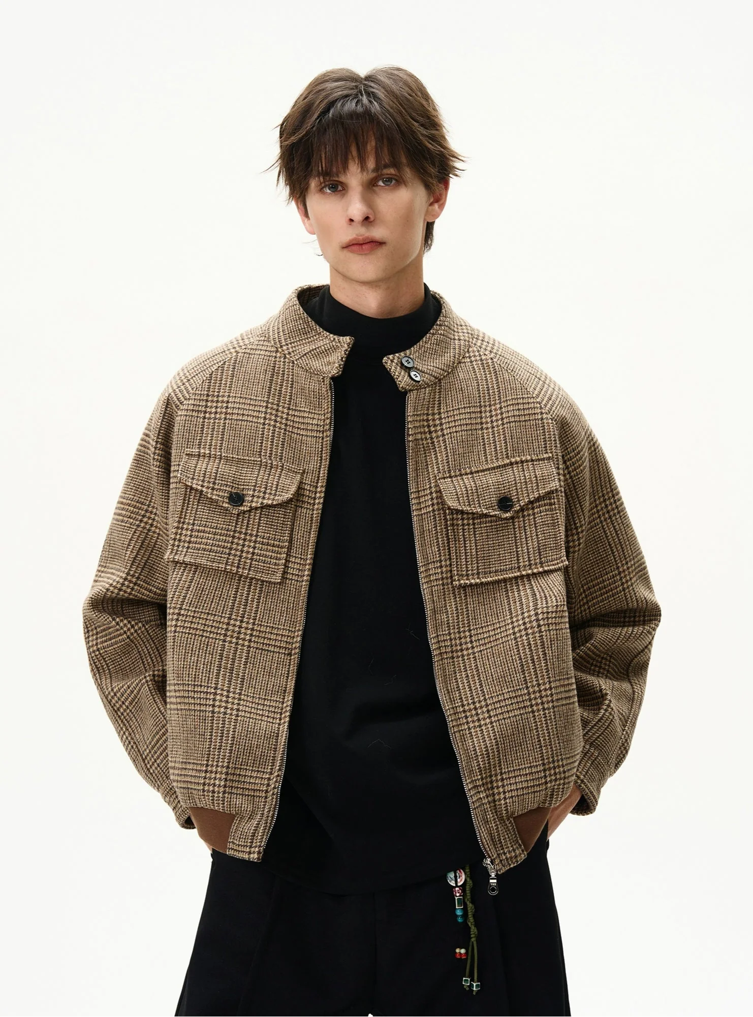 Plaid Bomber Jacket with Chest Pockets - Image 2