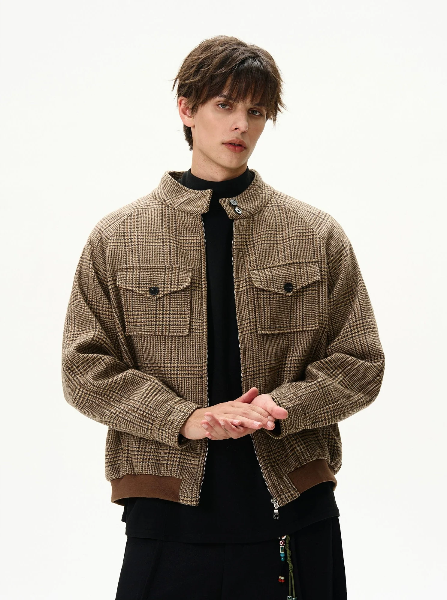 Plaid Bomber Jacket with Chest Pockets - Image 3