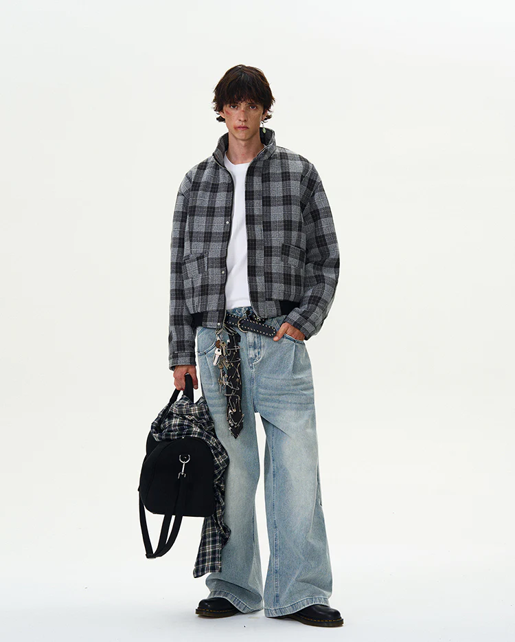 Plaid Bomber Jacket with Stand Collar - Image 10