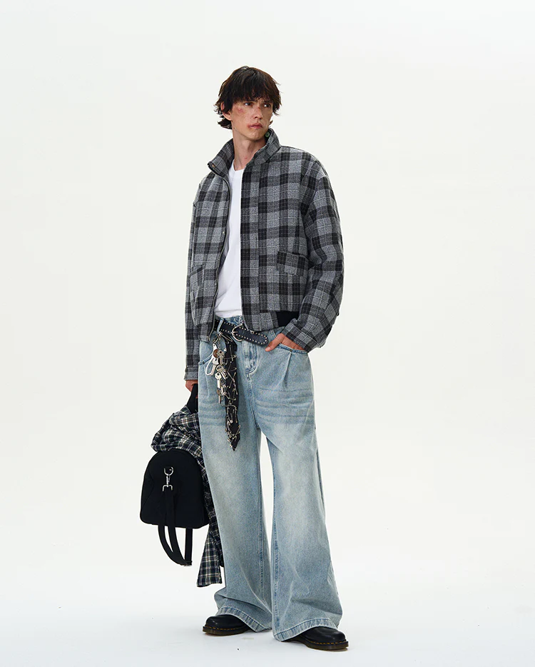 Plaid Bomber Jacket with Stand Collar - Image 14