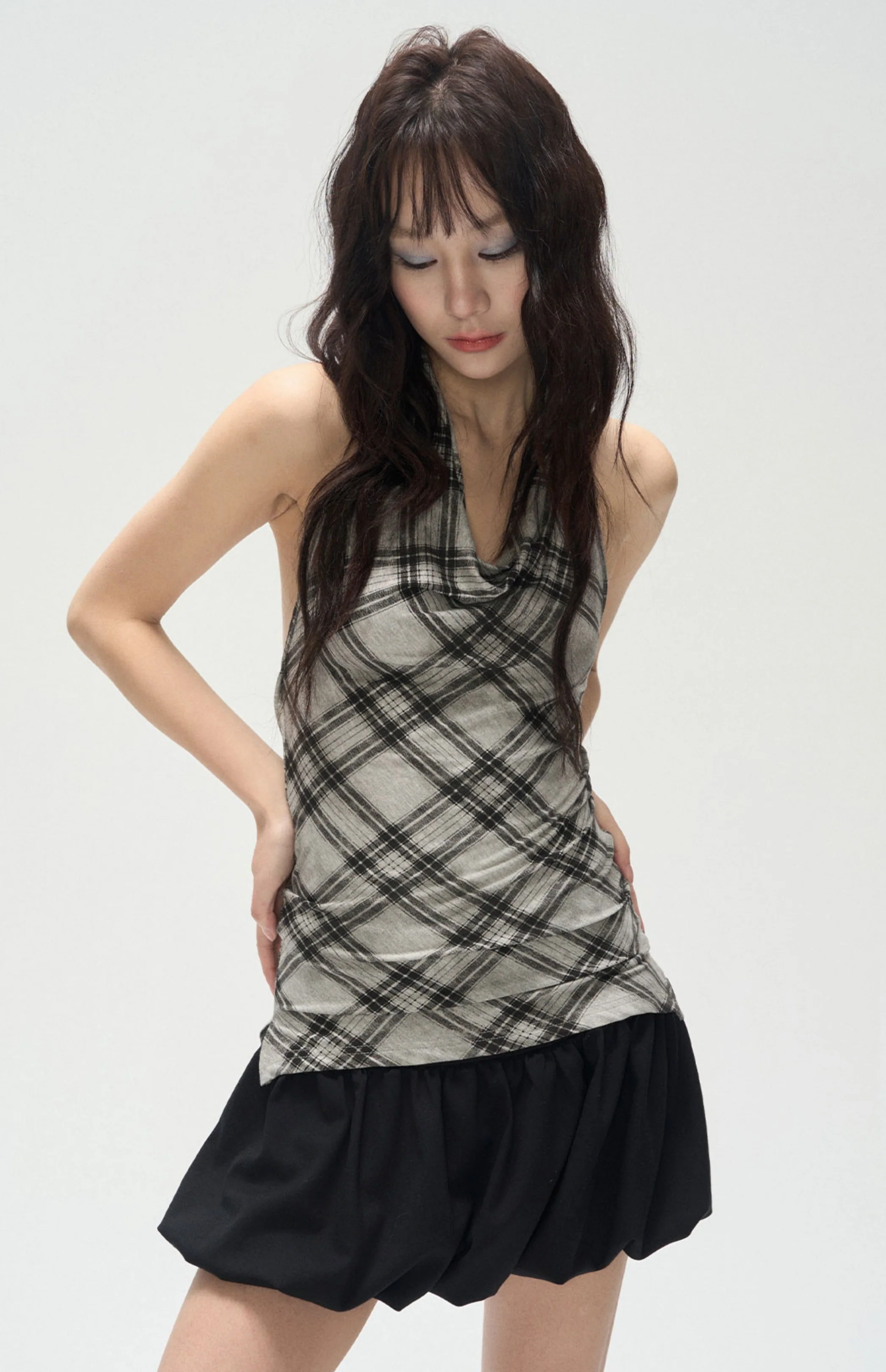 Plaid Drape Halter Neck Sleeveless Top - Image 3