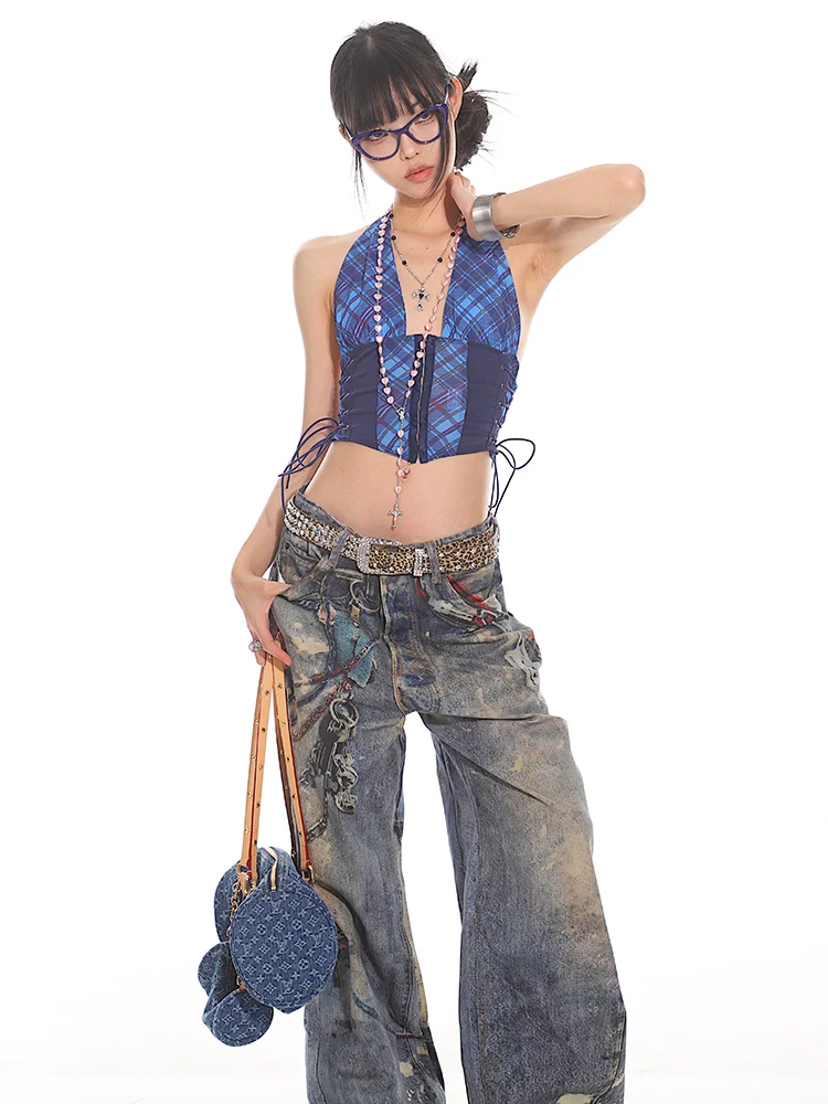 Plaid Halter Neck Crop Top with Side Lacing - Image 7