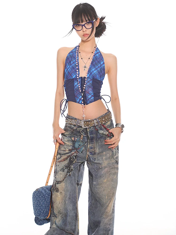 Plaid Halter Neck Crop Top with Side Lacing - Image 8